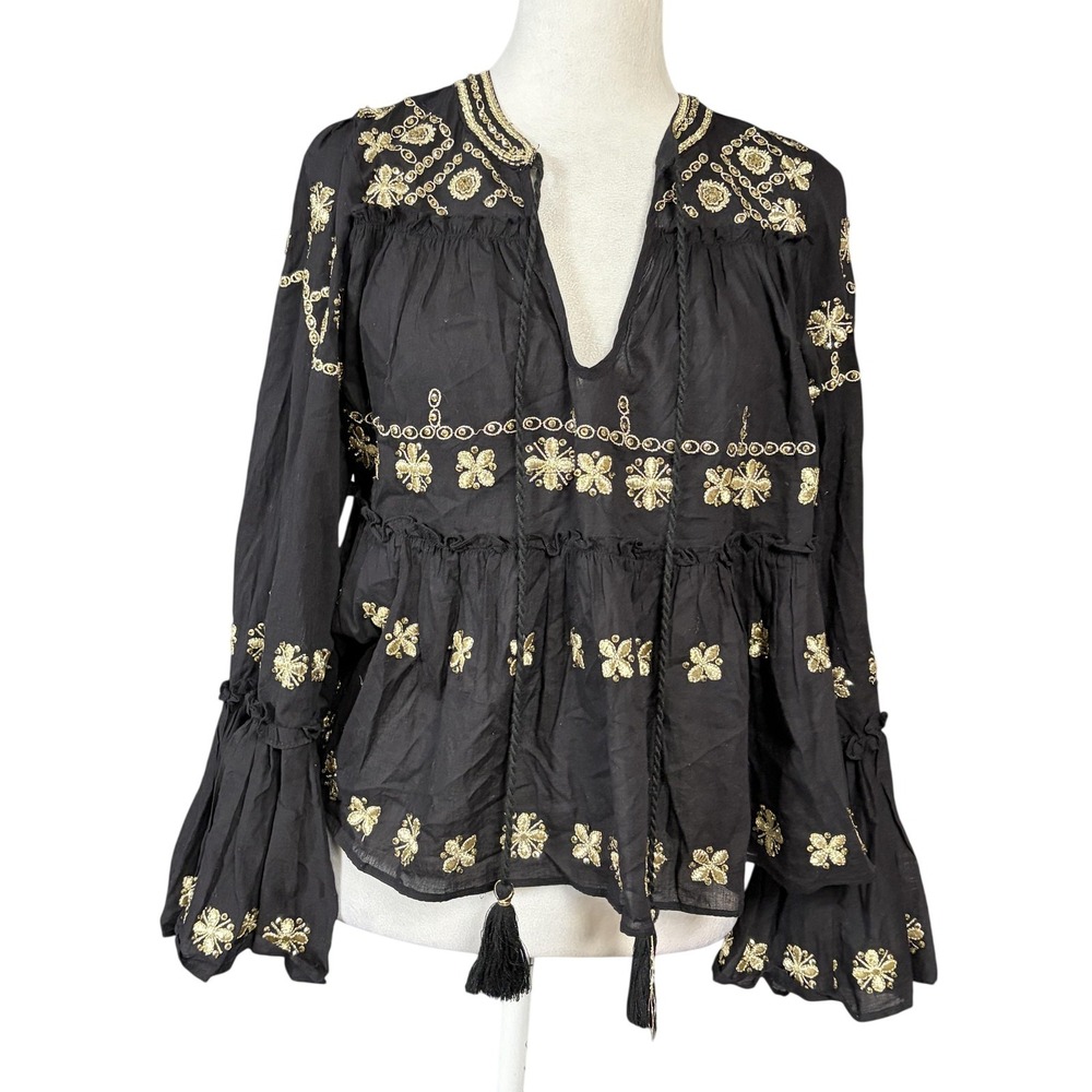Tularosa Blouse Womens XS Black Embroidered Boho Bell Sleeve‎ Cotton Tunic Top